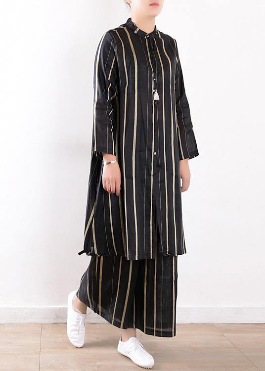 Linen Black Two Pieces Long Sleeve Silk Shirt With Wide Leg Pants