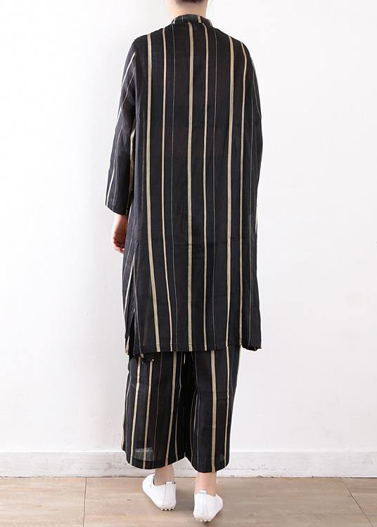 Linen Black Two Pieces Long Sleeve Silk Shirt With Wide Leg Pants