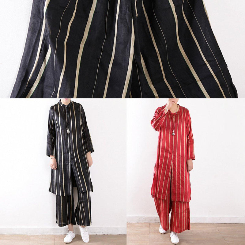 Linen Black Two Pieces Long Sleeve Silk Shirt With Wide Leg Pants