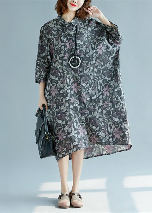 Cotton Linen Shirt Dresses Loose Fitting Fine Three Quarter Sleeve Baggy Dresses Turn-down Collar Cotton Shirt Dress