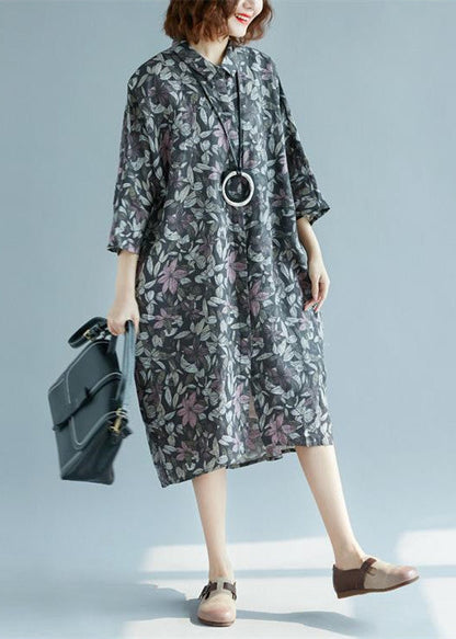 Cotton Linen Shirt Dresses Loose Fitting Fine Three Quarter Sleeve Baggy Dresses Turn-down Collar Cotton Shirt Dress