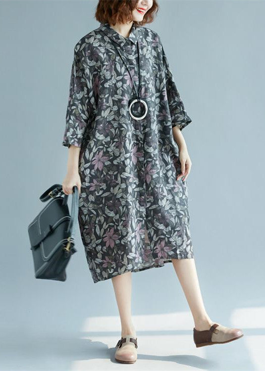 Cotton Linen Shirt Dresses Loose Fitting Fine Three Quarter Sleeve Baggy Dresses Turn-down Collar Cotton Shirt Dress