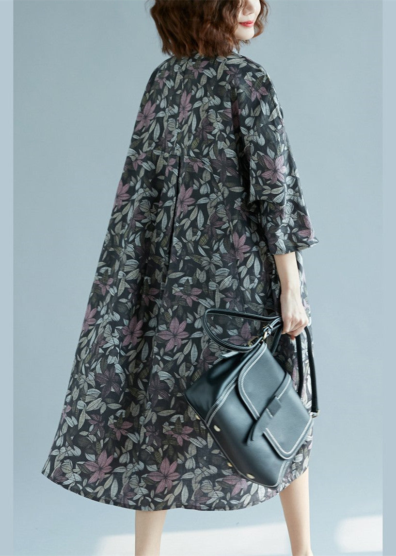 Cotton Linen Shirt Dresses Loose Fitting Fine Three Quarter Sleeve Baggy Dresses Turn-down Collar Cotton Shirt Dress