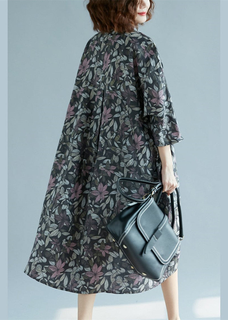 Cotton Linen Shirt Dresses Loose Fitting Fine Three Quarter Sleeve Baggy Dresses Turn-down Collar Cotton Shirt Dress