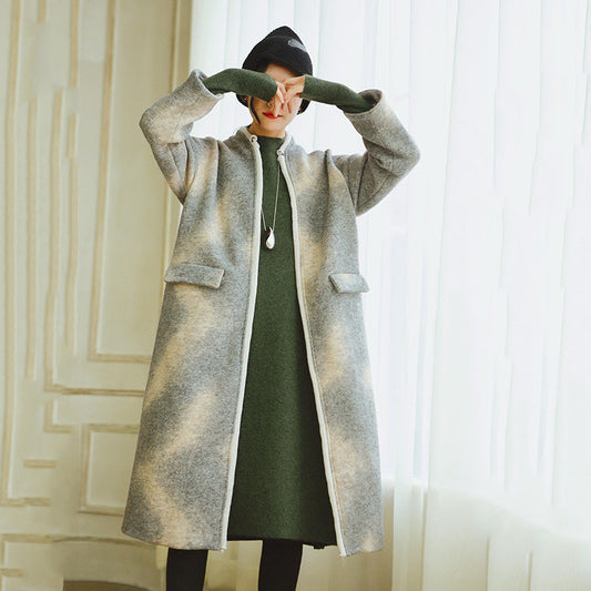 Gray Coats Patchwork Wool Coat Long Sleeve Coat