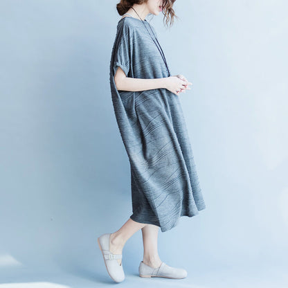 Gray Cotton Dresses Oversize O Neck Cotton Dresses Boutique Short Sleeve Caftans