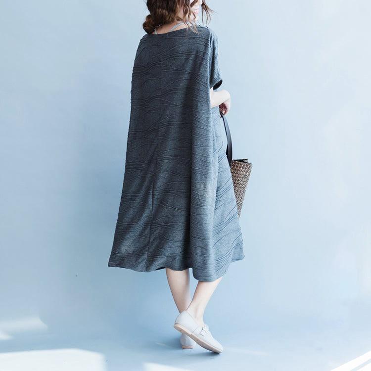 Gray Cotton Dresses Oversize O Neck Cotton Dresses Boutique Short Sleeve Caftans