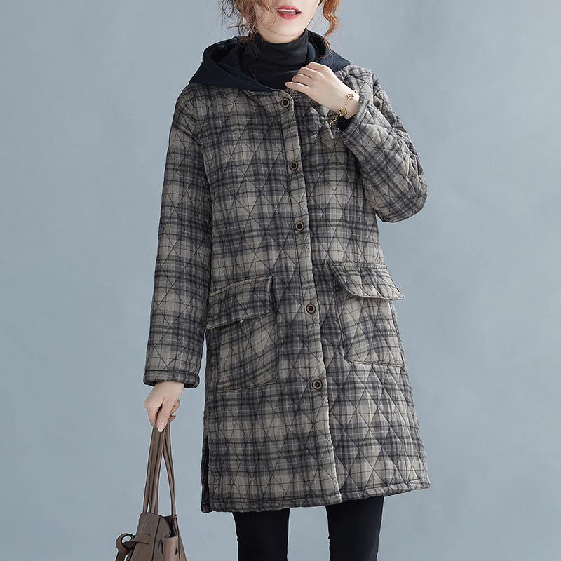 Gray Plaid Winter Parkas Oversized Snow Hooded Pockets Overcoat