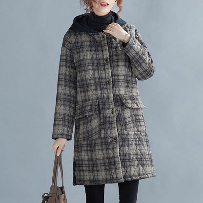 Gray Plaid Winter Parkas Oversized Snow Hooded Pockets Overcoat
