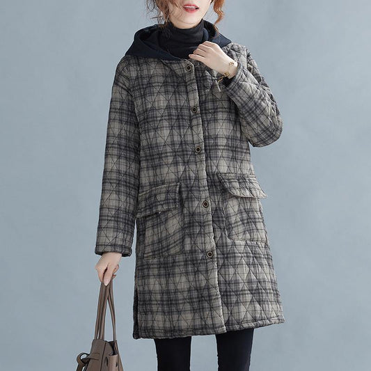 Gray Plaid Winter Parkas Oversized Snow Hooded Pockets Overcoat