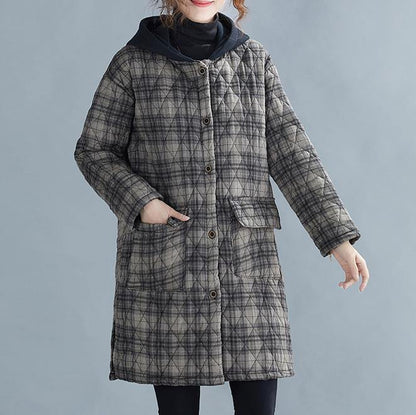 Gray Plaid Winter Parkas Oversized Snow Hooded Pockets Overcoat
