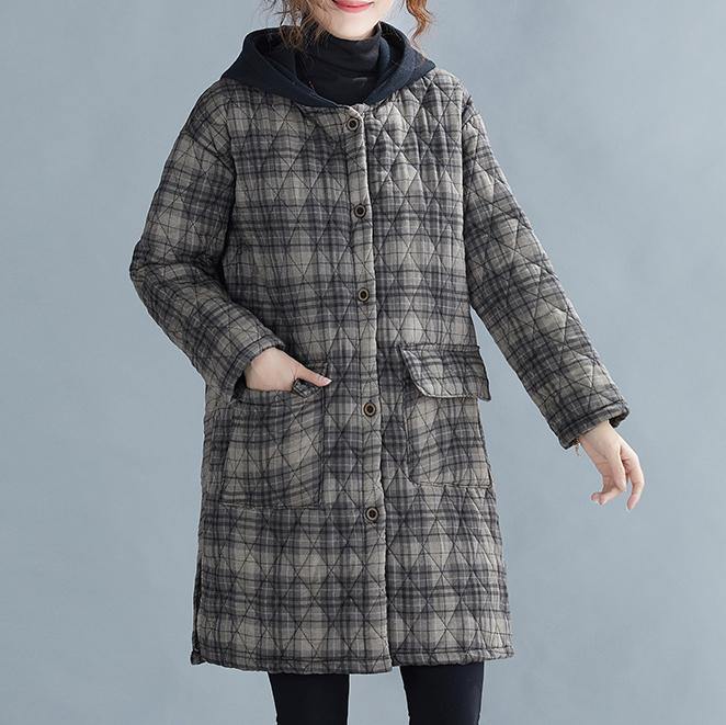 Gray Plaid Winter Parkas Oversized Snow Hooded Pockets Overcoat
