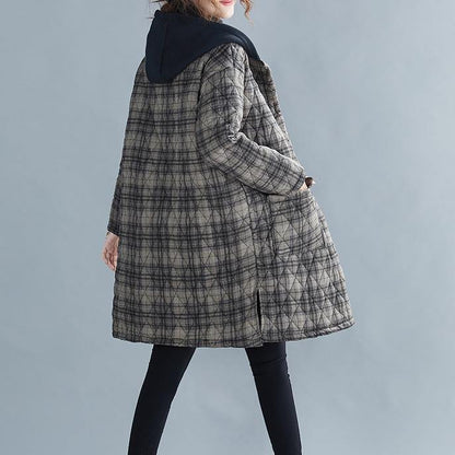 Gray Plaid Winter Parkas Oversized Snow Hooded Pockets Overcoat