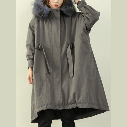 Gray Winter Outwear Hooded Faux Fur Collar Outwear