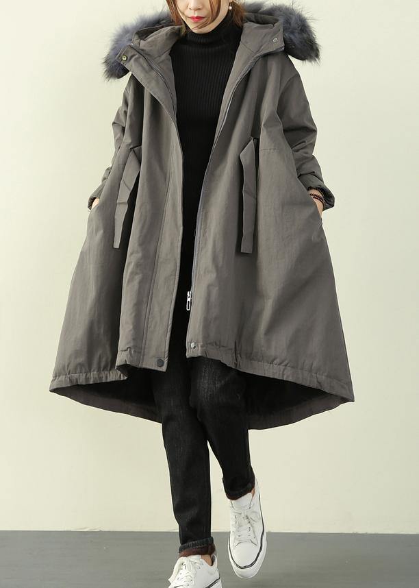 Gray Winter Outwear Hooded Faux Fur Collar Outwear