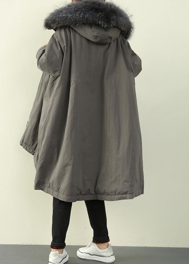 Gray Winter Outwear Hooded Faux Fur Collar Outwear