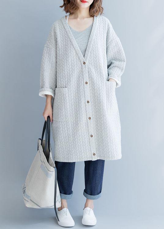 Gray Winter Parkas Clothing V Neck Pockets Overcoat