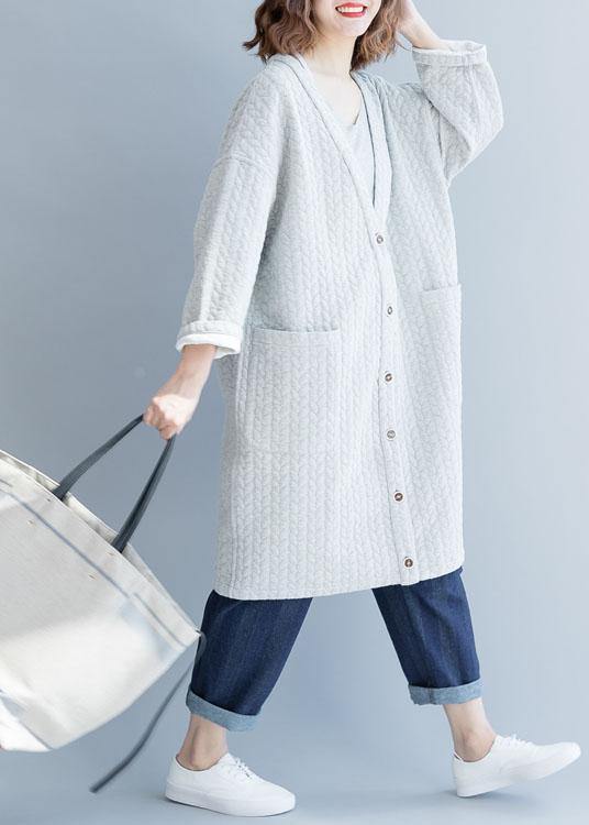 Gray Winter Parkas Clothing V Neck Pockets Overcoat