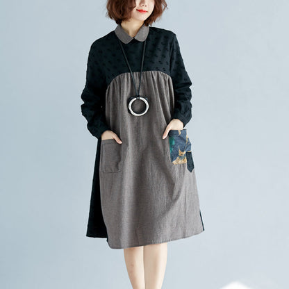 Green Plaid Pure Cotton Dresses Long Sleeve Pockets Peter Pan Collar Patchwork Cotton Dresses