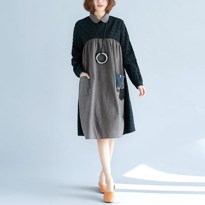 Green Plaid Pure Cotton Dresses Long Sleeve Pockets Peter Pan Collar Patchwork Cotton Dresses