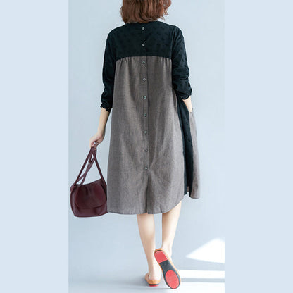 Green Plaid Pure Cotton Dresses Long Sleeve Pockets Peter Pan Collar Patchwork Cotton Dresses