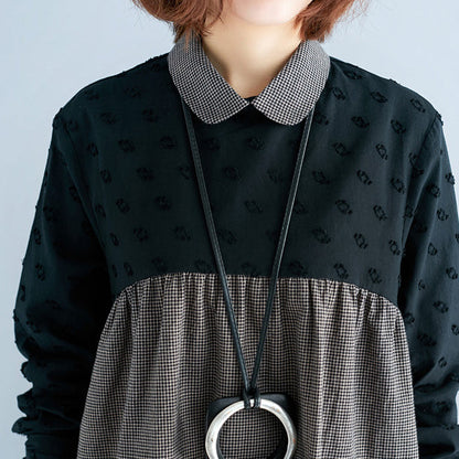 Green Plaid Pure Cotton Dresses Long Sleeve Pockets Peter Pan Collar Patchwork Cotton Dresses