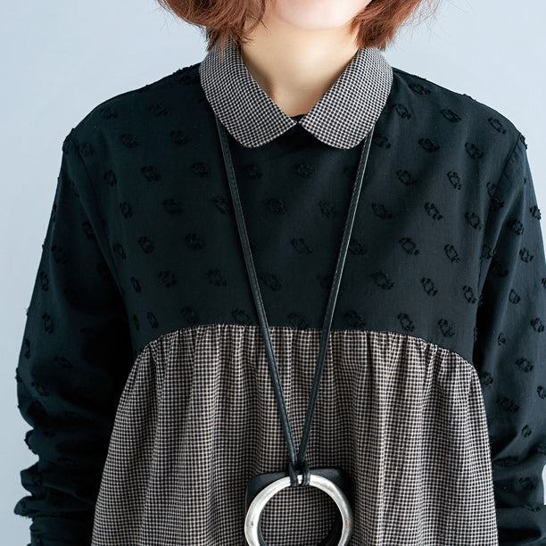Green Plaid Pure Cotton Dresses Long Sleeve Pockets Peter Pan Collar Patchwork Cotton Dresses