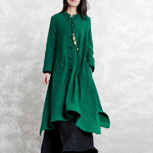 Green Wool Blended Coat Loose Fitting Stand Asymmetric Outwear Boutique Long Sleeve Pockets Large Hem Trench Coat