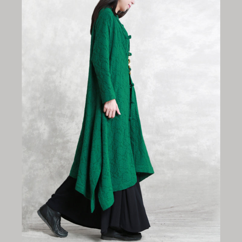 Green Wool Blended Coat Loose Fitting Stand Asymmetric Outwear Boutique Long Sleeve Pockets Large Hem Trench Coat
