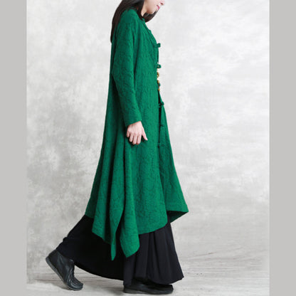 Green Wool Blended Coat Loose Fitting Stand Asymmetric Outwear Boutique Long Sleeve Pockets Large Hem Trench Coat