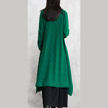 Green Wool Blended Coat Loose Fitting Stand Asymmetric Outwear Boutique Long Sleeve Pockets Large Hem Trench Coat