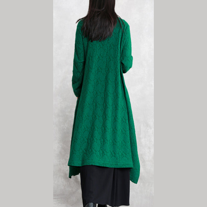 Green Wool Blended Coat Loose Fitting Stand Asymmetric Outwear Boutique Long Sleeve Pockets Large Hem Trench Coat