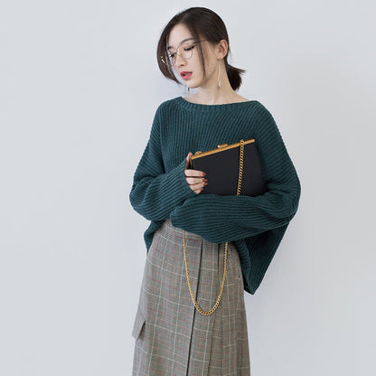 Green Knit Tops Oversized O Neck Baggy Knitted Tops Batwing Sleeve Winter Sweaters