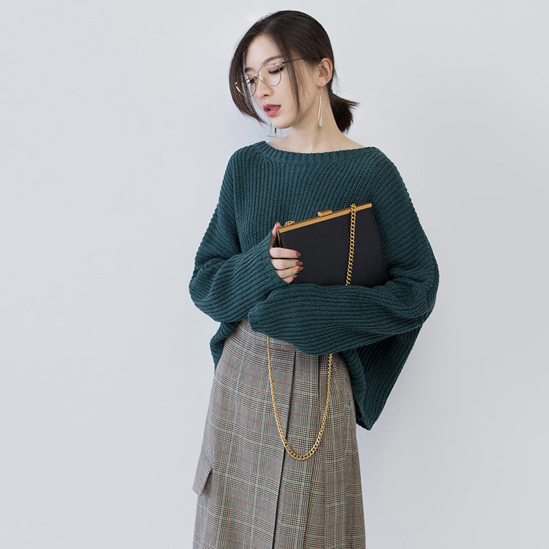 Green Knit Tops Oversized O Neck Baggy Knitted Tops Batwing Sleeve Winter Sweaters