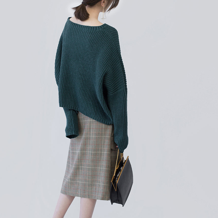 Green Knit Tops Oversized O Neck Baggy Knitted Tops Batwing Sleeve Winter Sweaters