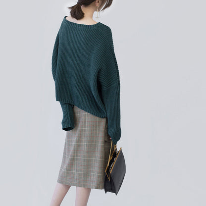 Green Knit Tops Oversized O Neck Baggy Knitted Tops Batwing Sleeve Winter Sweaters