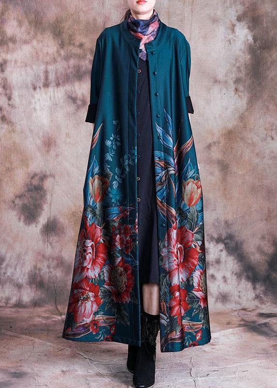 Green Print Coat Loose Fitting Long Fall Coats Button Down