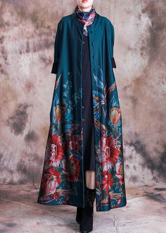 Green Print Coat Loose Fitting Long Fall Coats Button Down