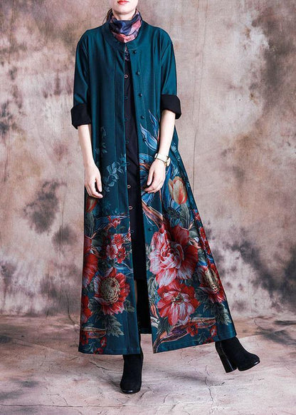 Green Print Coat Loose Fitting Long Fall Coats Button Down