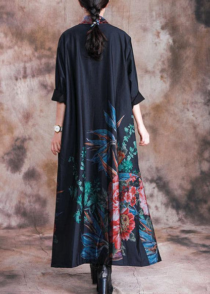 Green Print Coat Loose Fitting Long Fall Coats Button Down