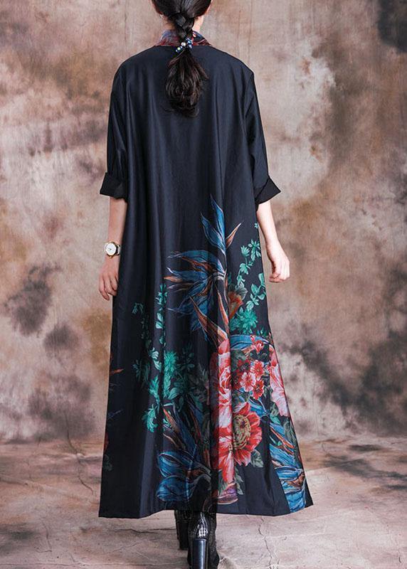 Green Print Coat Loose Fitting Long Fall Coats Button Down
