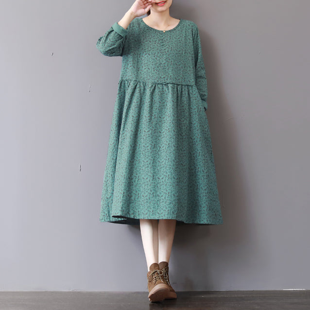 Green Prints Fall Dress Patchwork Fall Dresses New Long Sleeve Maxi Dresses