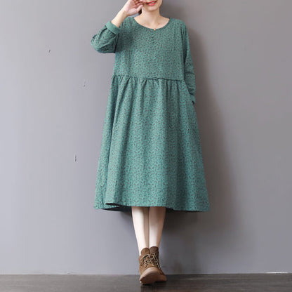 Green Prints Fall Dress Patchwork Fall Dresses New Long Sleeve Maxi Dresses