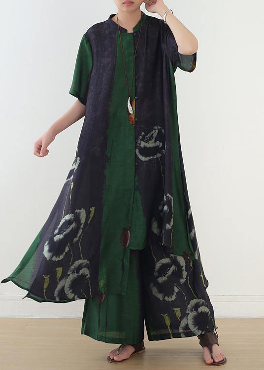Green Prints Short Sleeve Shirt Dress With Elastic Waist Wide Leg Pants Two Pieces