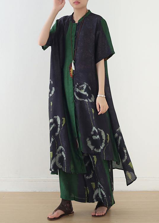 Green Prints Short Sleeve Shirt Dress With Elastic Waist Wide Leg Pants Two Pieces