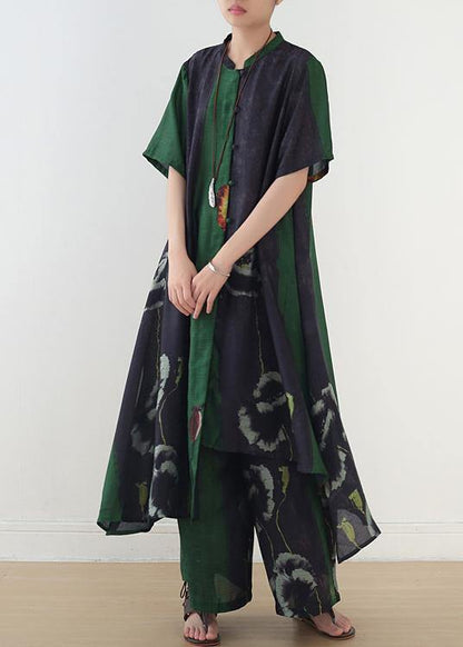 Green Prints Short Sleeve Shirt Dress With Elastic Waist Wide Leg Pants Two Pieces