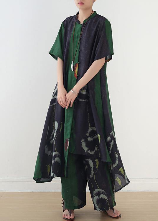 Green Prints Short Sleeve Shirt Dress With Elastic Waist Wide Leg Pants Two Pieces