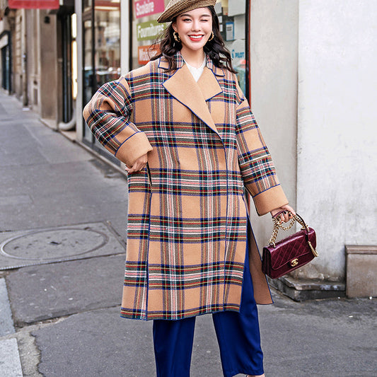Khaki Plaid Coats Notched Winter Coat Fine Side Open Pockets Wool Jackets