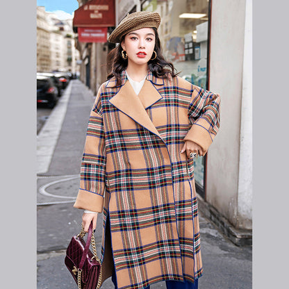 Khaki Plaid Coats Notched Winter Coat Fine Side Open Pockets Wool Jackets