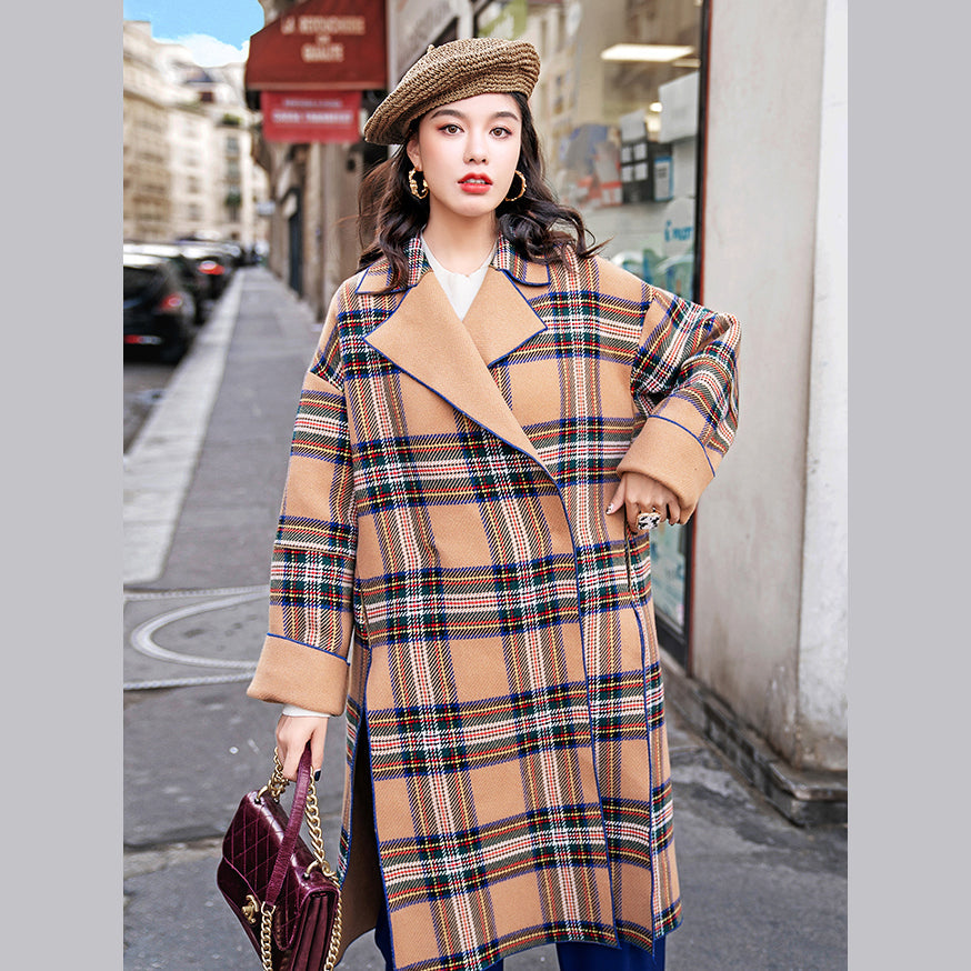 Khaki Plaid Coats Notched Winter Coat Fine Side Open Pockets Wool Jackets